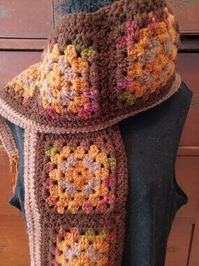 Handmade Crocheted Granny Square Winter/Fall Scarf - Brown, Tan, Rust Gold